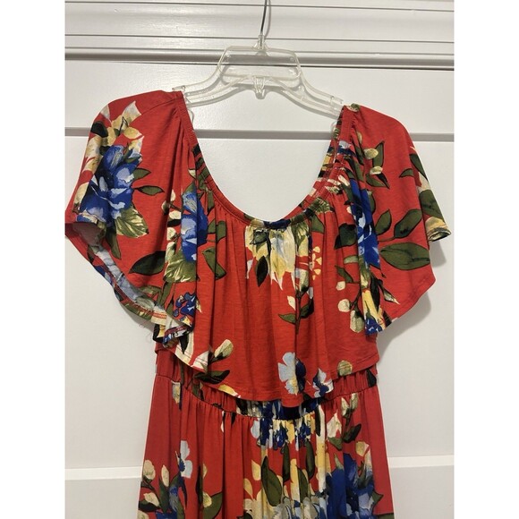 Jodifl Red Floral Off Shoulder  Size Small Maxi Dress Gathered Waist Split Joint - Picture 8 of 10